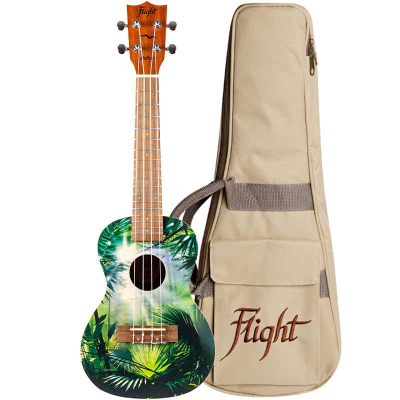 The Flight AUC-33 Jungle Concert Ukulele features a stunning jungle design.   Imagine yourself in a wild jungle.