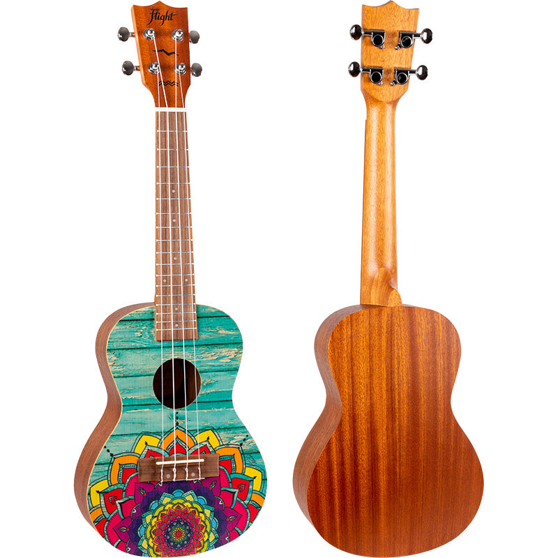 The Flight AUC-33 Mansion Concert Ukulele features a fun and colorful design with a summer vibe, created by the talented artist Reham Fareed.