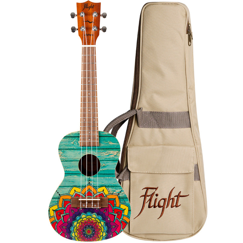 The Flight AUC-33 Mansion Concert Ukulele features a fun and colorful design with a summer vibe, created by the talented artist Reham Fareed.