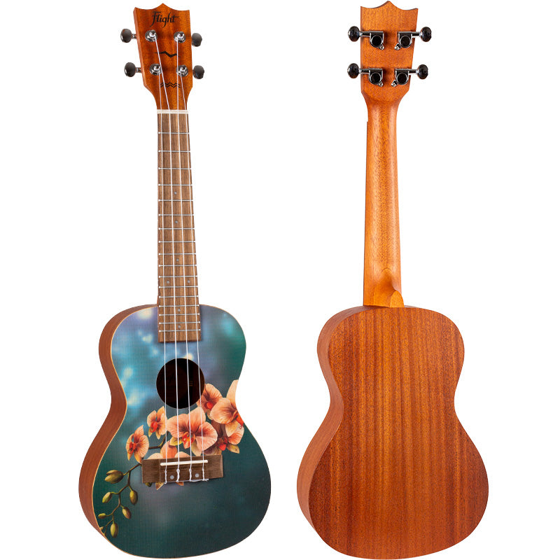 The Flight AUC-33 Orchid Concert Ukulele features a stunning orchid design.  With this gorgeous ukulele, there is no need to visit your local botanic garden to get your “flower fix”