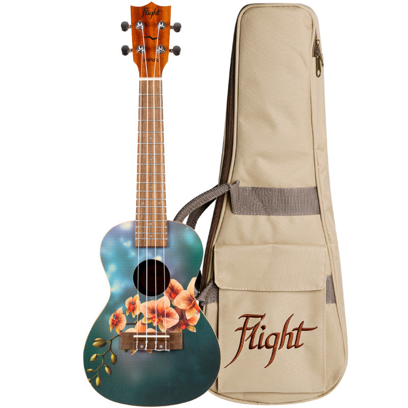 The Flight AUC-33 Orchid Concert Ukulele features a stunning orchid design.  With this gorgeous ukulele, there is no need to visit your local botanic garden to get your “flower fix”