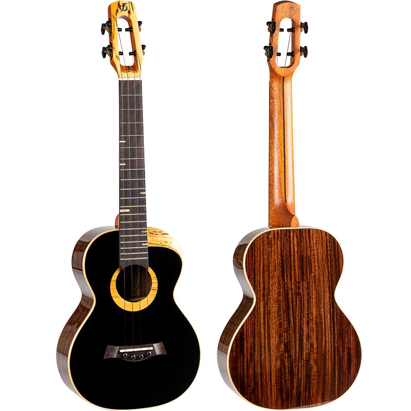 Front view of the Flight 4SB 4stringboy Signature Tenor Ukulele with gloss black top.