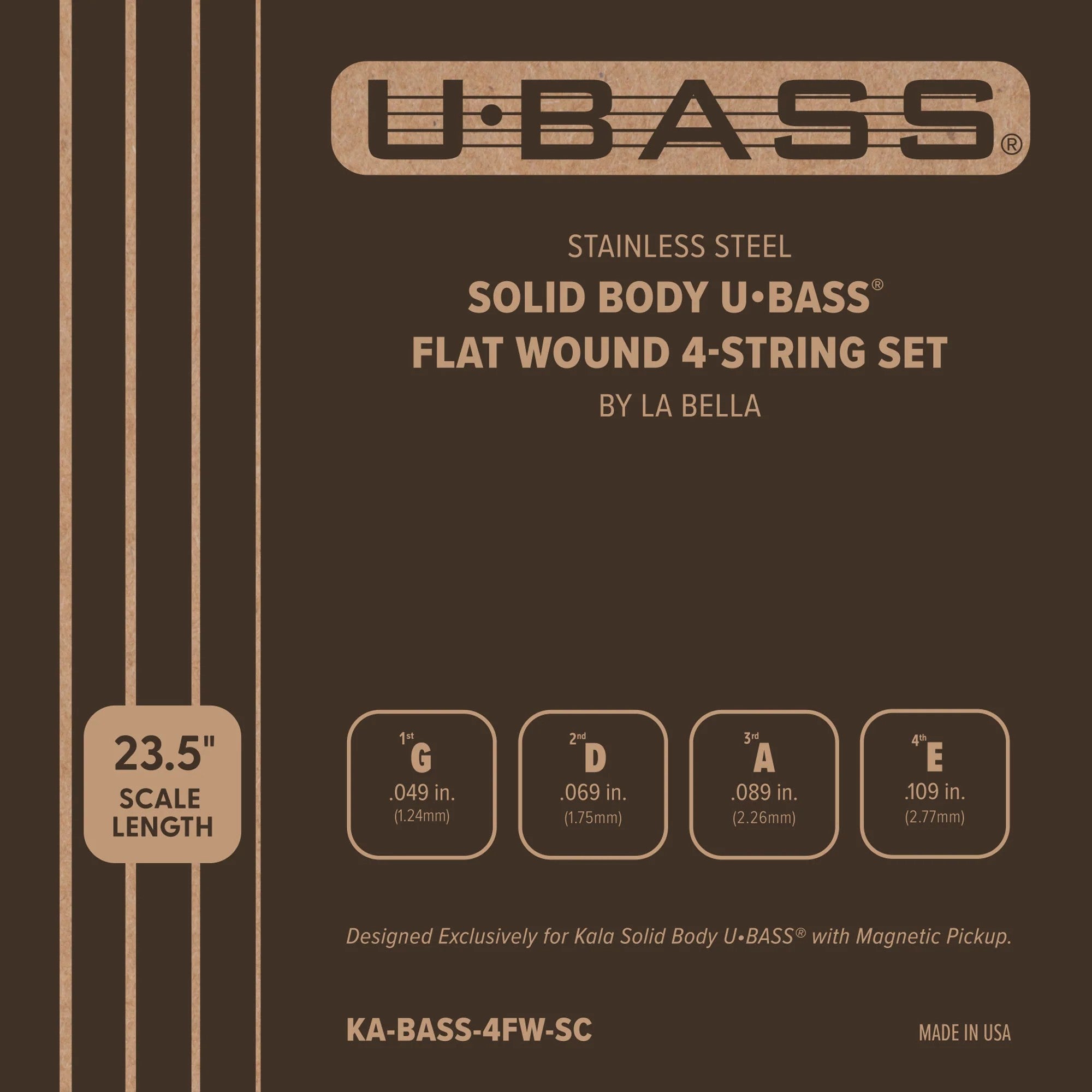 U-BASS stainless steel flat wound bass strings packaging with scale length and string gauge information. KA-BASS-4FW-SC KALA SOLID BODY UBASS FLAT WOUND SET 23.5″ Scale  Ukulele Trading Co Australia