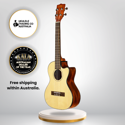 Kala KA-STGE-C Tenor Ukulele – Solid Spruce Top, Mahogany Back &amp; Sides, Cutaway, Electronics, Gloss Finish w/ Gigbag