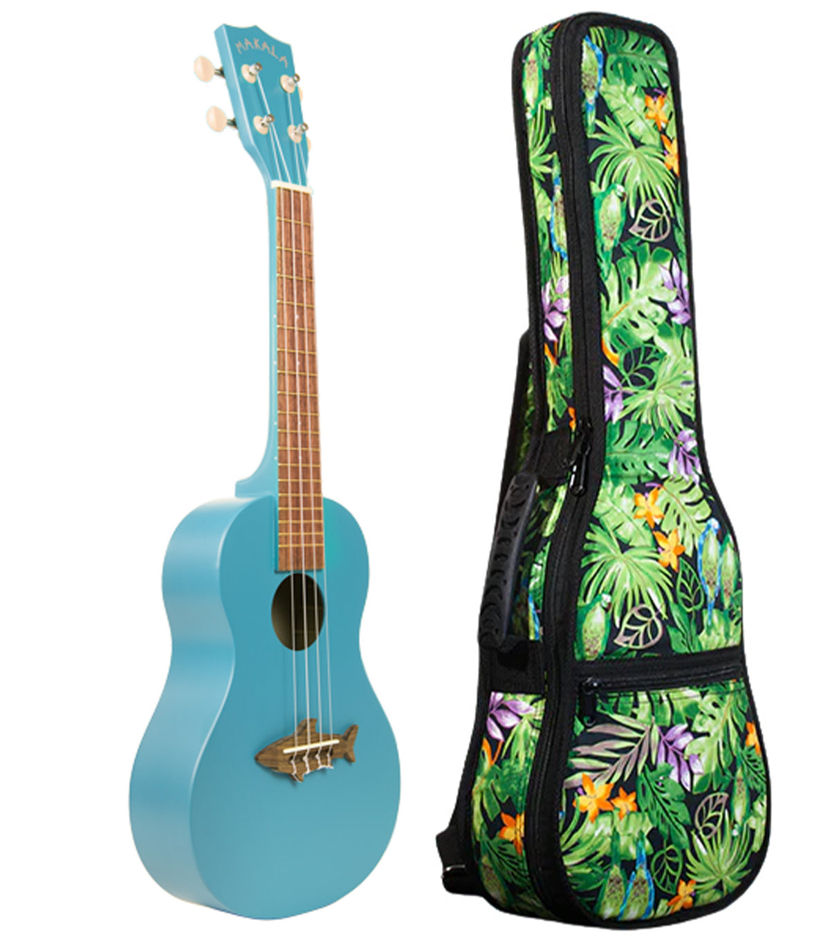 MK-CS/BLU Blue Concert Shark Ukelele Includes Gigbag Floral Print, Padded with Backpack straps.