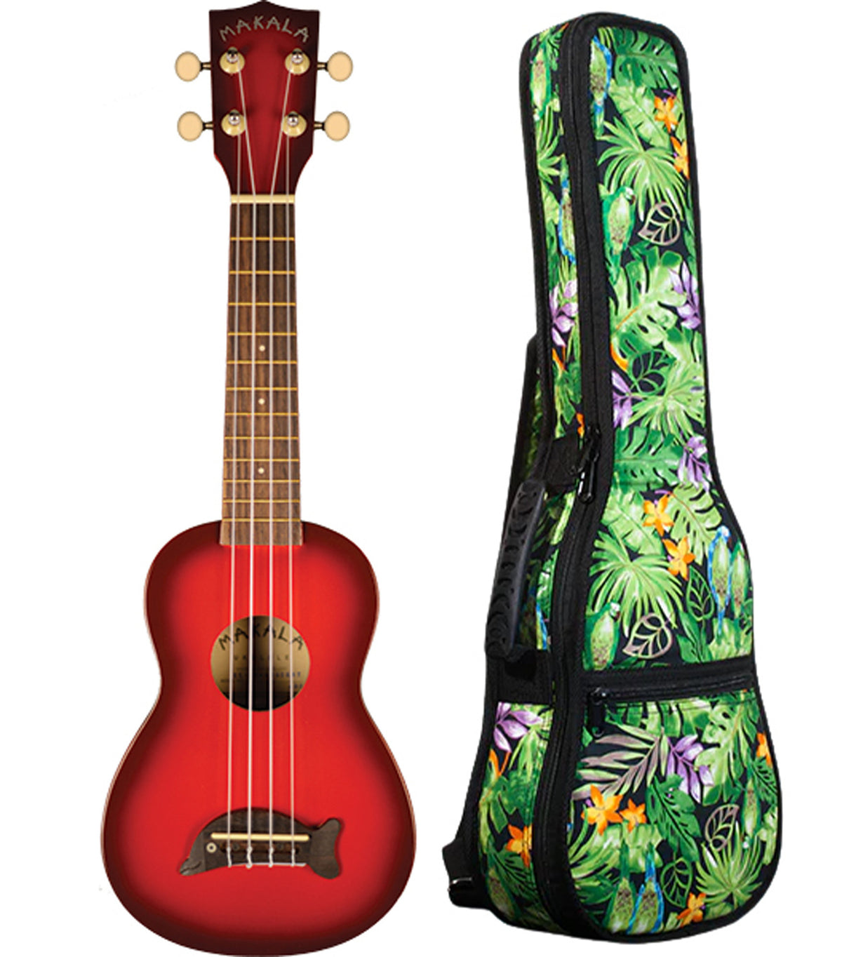MK-SD/RDBRST Red Burst Soprano Dolphin Ukulele Includes Gigbag Floral Print, Padded with Backpack Straps