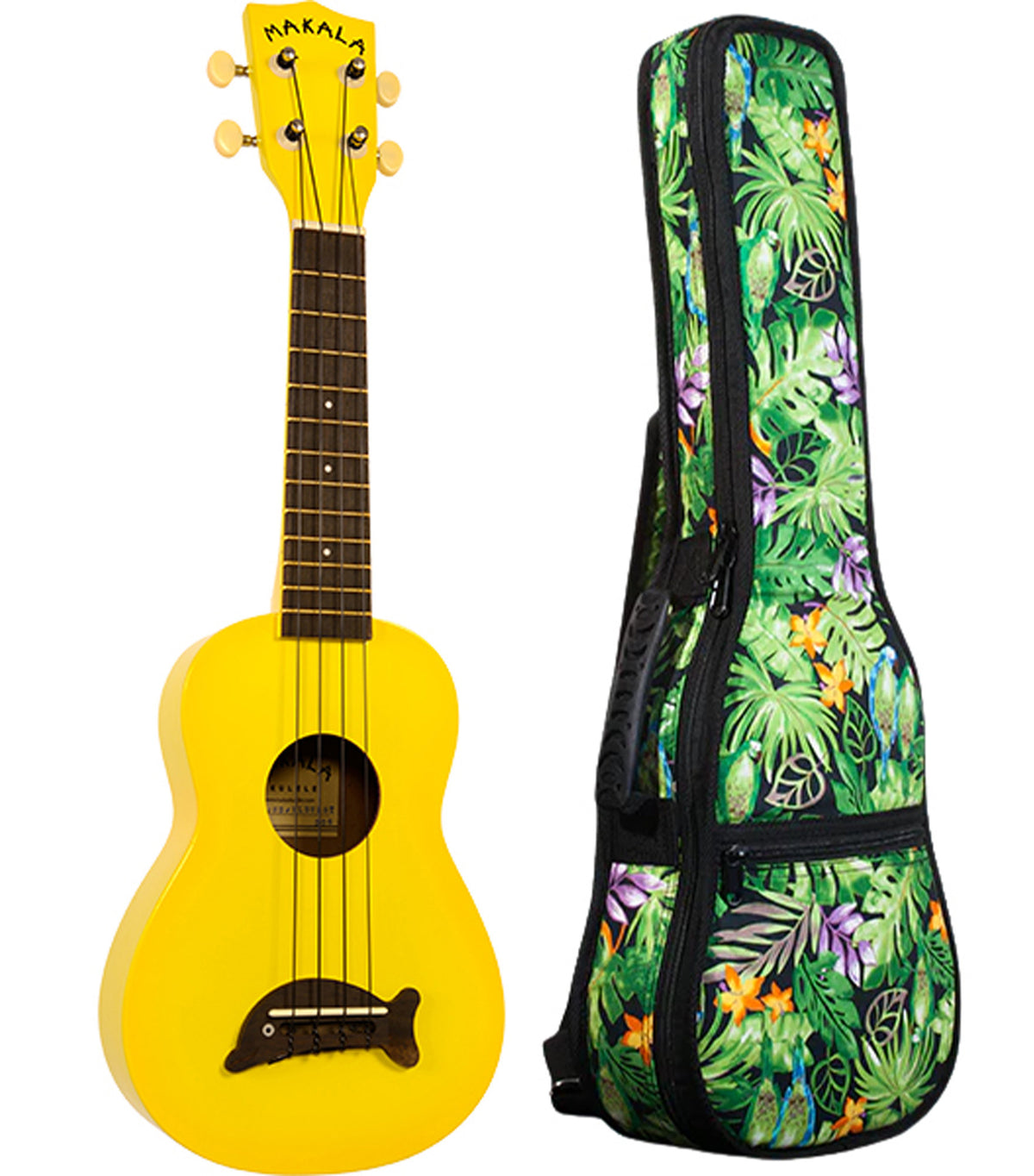 MK-SD/YL Yellow Soprano Dolphin Ukulele Includes Gigbag Floral Print, Padded with Backpack Straps