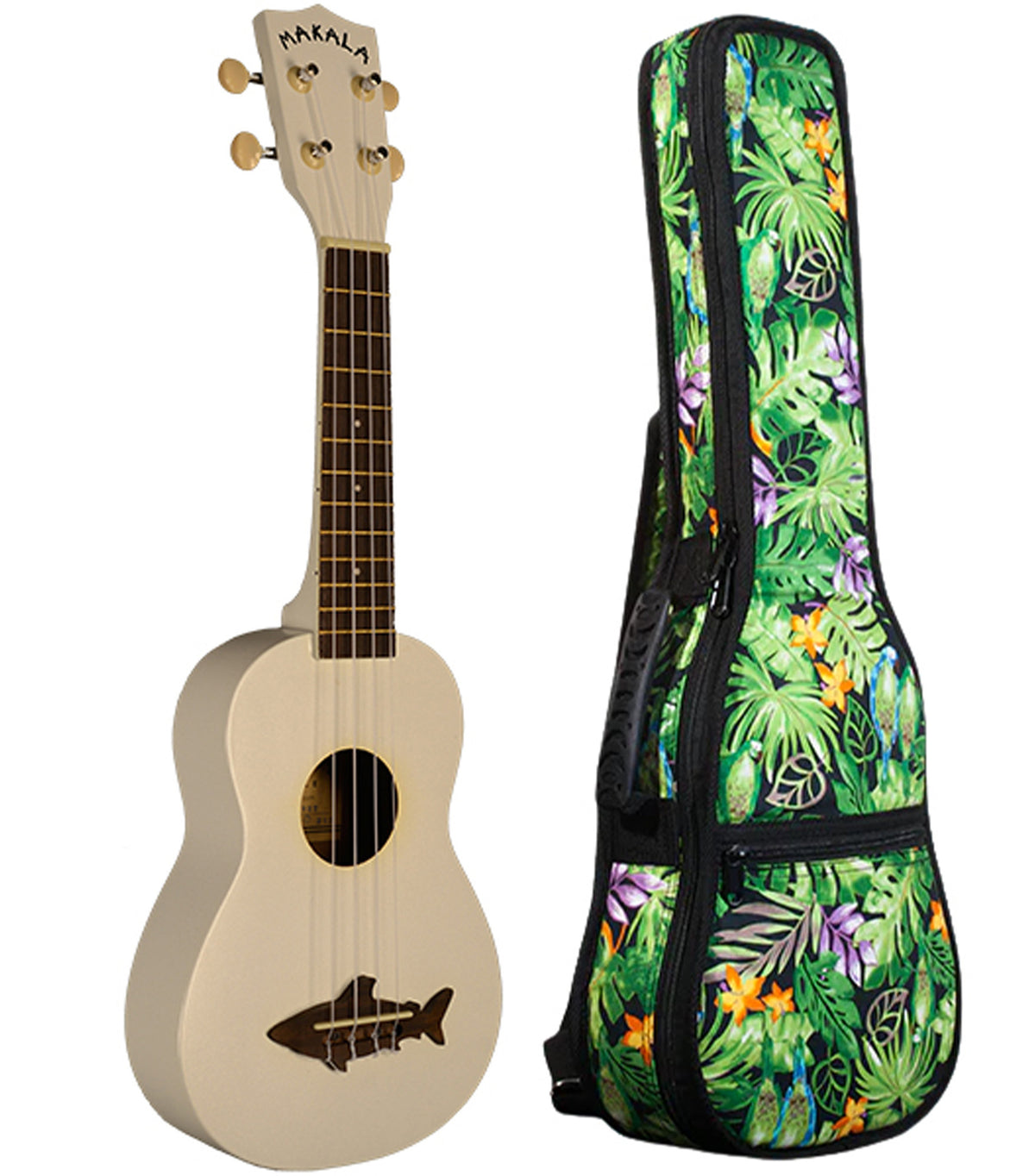 MK-SS/WHT White Soprano Shark Ukulele Includes Gigbag Floral Print, Padded with Backpack Straps