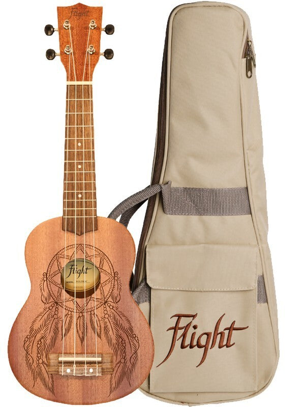 Flight NUS350DC Dreamcatcher soprano ukulele with sapele wood body and laser rosette, includes gig bag