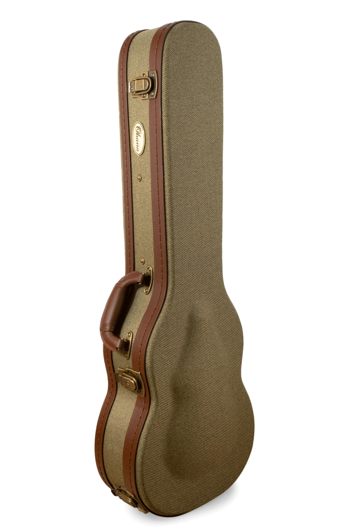 Ohana Hardcase UOT-24 Concert Ukulele Case Durable Olive Twill Fabric Arched Top Design for Extra Instrument Protection Brown Tolex Trim with Sewn Stitching and Matching Handle Antique Bronze Drawbolt Case Latches Antique Bronze Side and Bottom Stops for Extra Stability &amp; Protection Padded Plush Interior Velvet in Wine Color Interior Heel Rest with Storage Compartment Ukulele Trading Co Australia