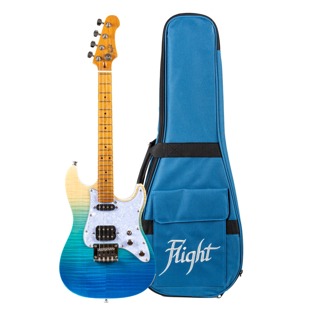 Are you ready to rock? The Flight Pathfinder, Transparent Blue,  Solid Body Tenor Ukulele is a dual cutaway steel string electric ukulele, offering the tonal possibilities of a true electric ukulele from the trusted name of Flight Ukulele. Flight Pathfinder Blue Solid Body Electric Tenor Ukulele with Gigbag, Setup and Free Shipping