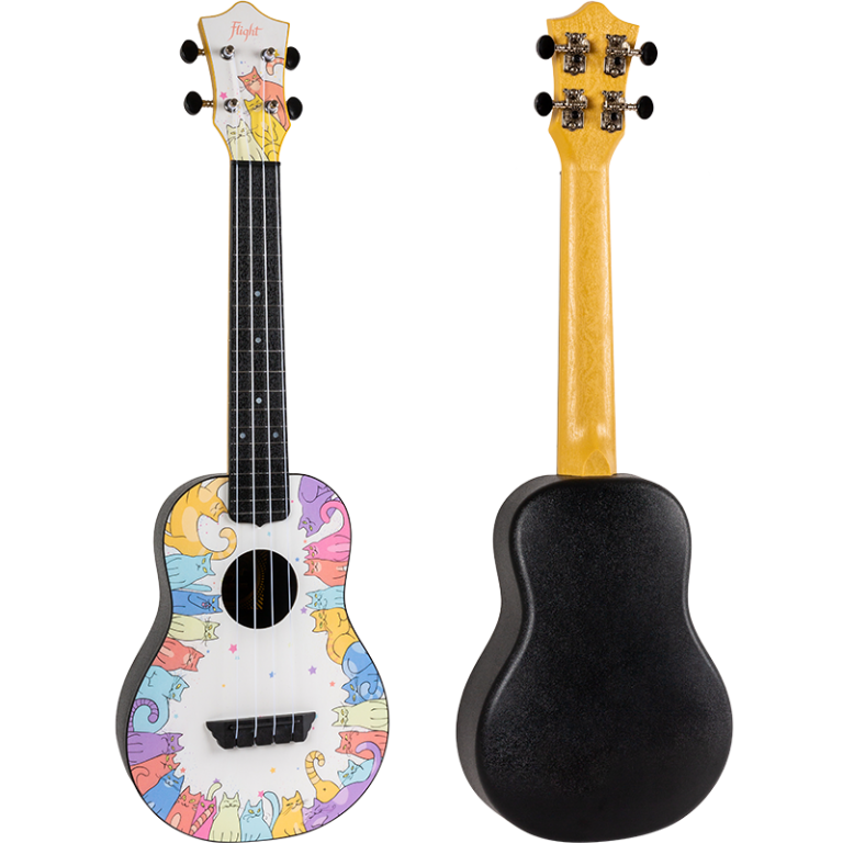 Flight TUC-KITTY concert ukulele with cat print, linden top, ABS body, and gig bag.