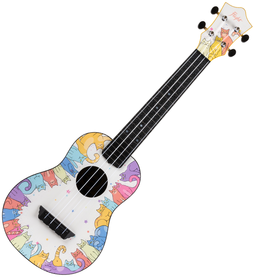Flight TUC-KITTY concert ukulele with cat print, linden top, ABS body, and gig bag.