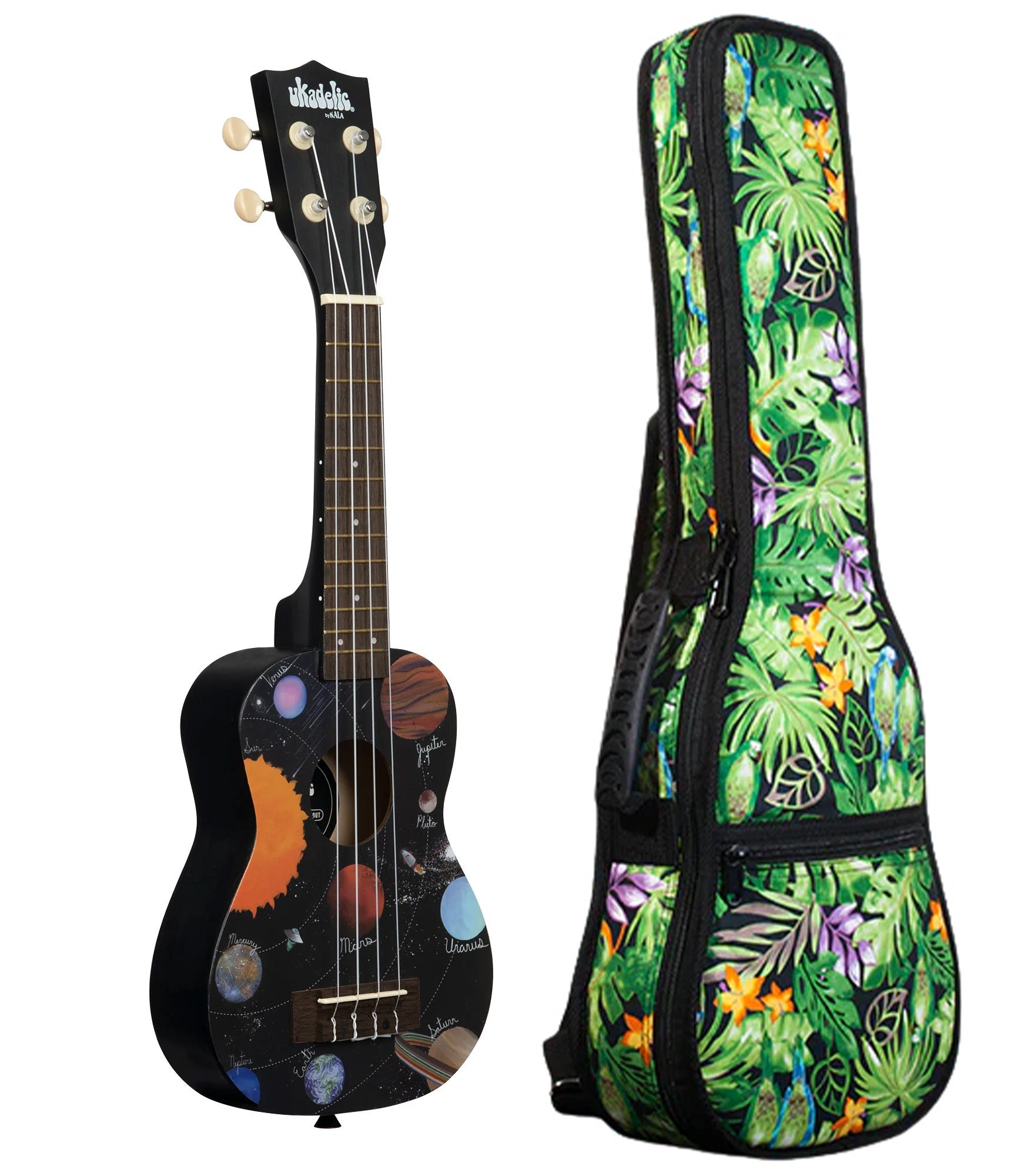 UK-SPACEDOUT Spaced Out Ukadelic Soprano Ukulele Includes Gigbag Floral Print, Padded with Backpack Straps