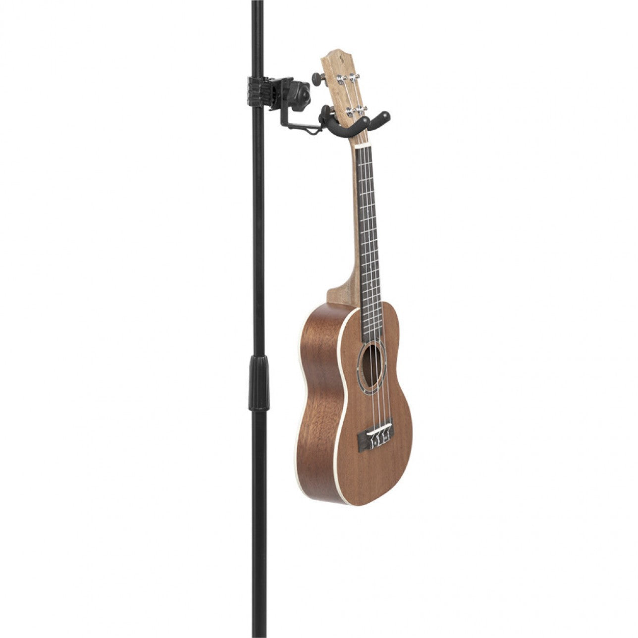 SCL-VH Ukulele Holder clamps to your Music stand or Mic stand Material: Metal (structure), rubber (anti-skid clamp)  Fixing: On any 18-mm to 45-mm-diameter tube attachable to any cymbal, microphone or music stand Reinforced screw-in clamping system.