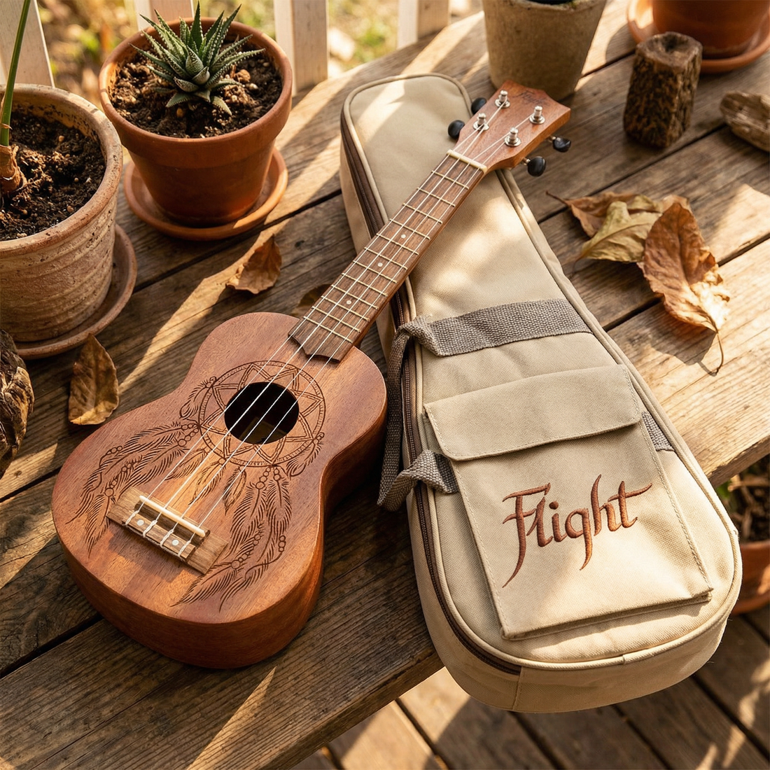 Flight NUS350DC Dreamcatcher soprano ukulele with sapele wood body and laser rosette, includes gig bag