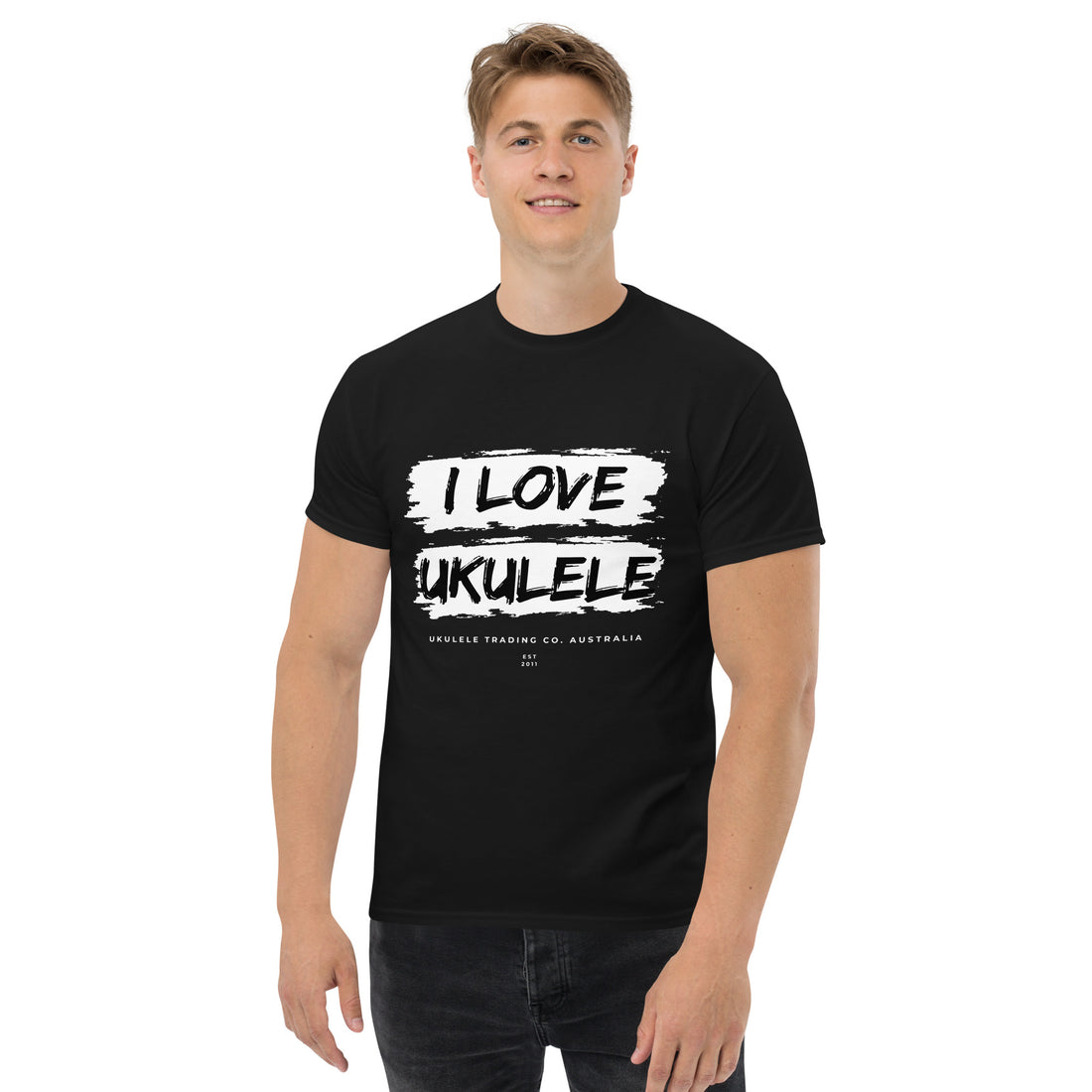 “I Love Ukulele” unisex t-shirt for music lovers, teachers, and festival fans.