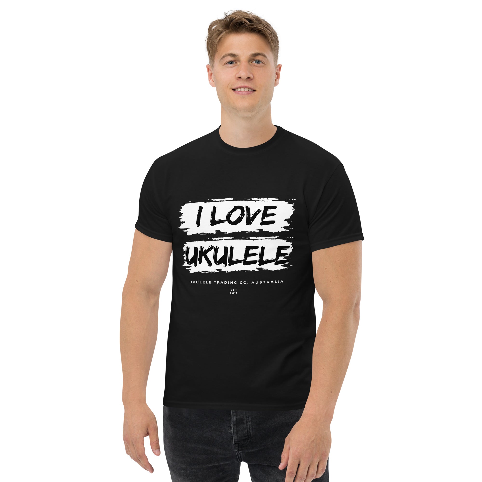 “I Love Ukulele” unisex t-shirt for music lovers, teachers, and festival fans.
