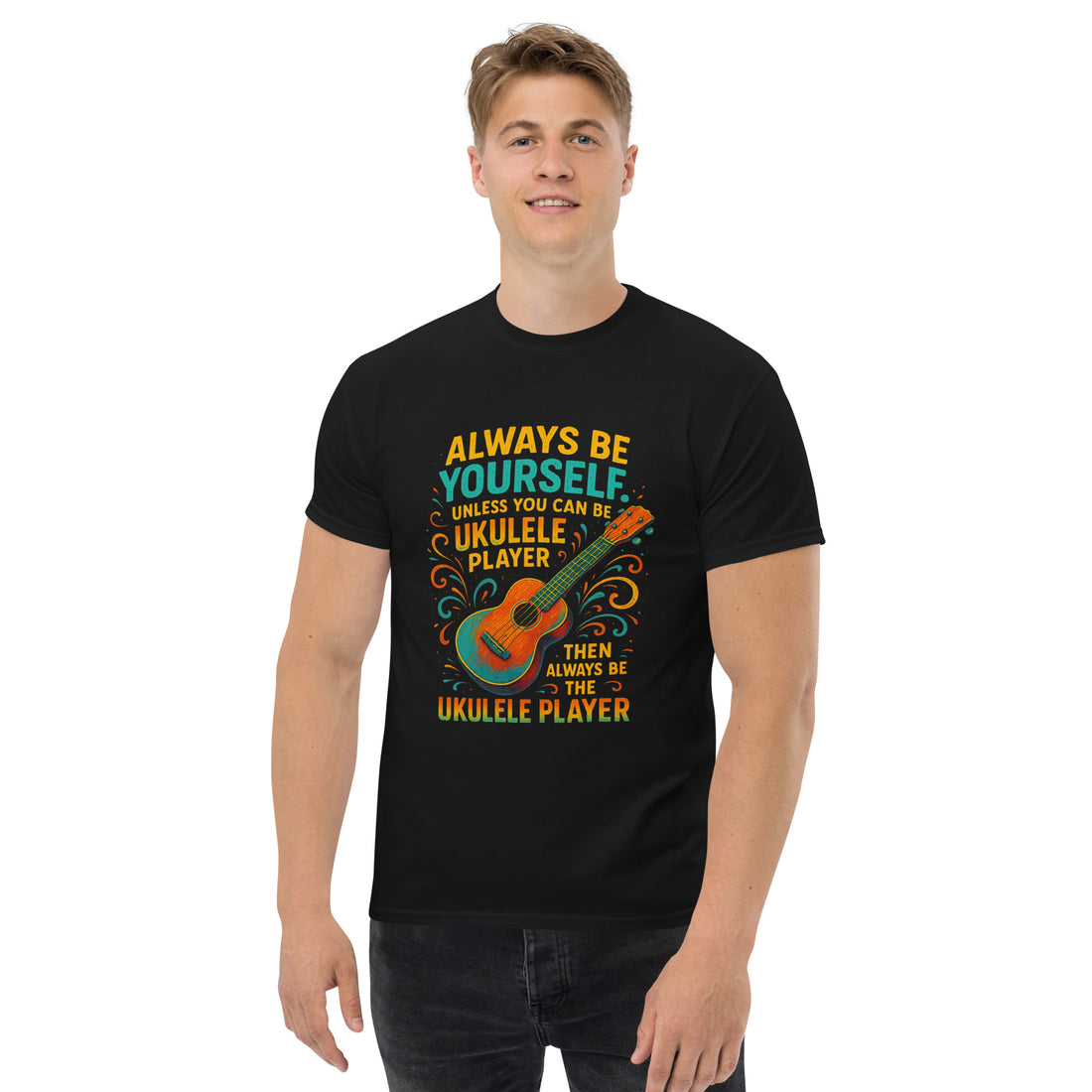 Funny ukulele T-shirt with vibrant beach design and playful quote, perfect gift for uke players and musicians.