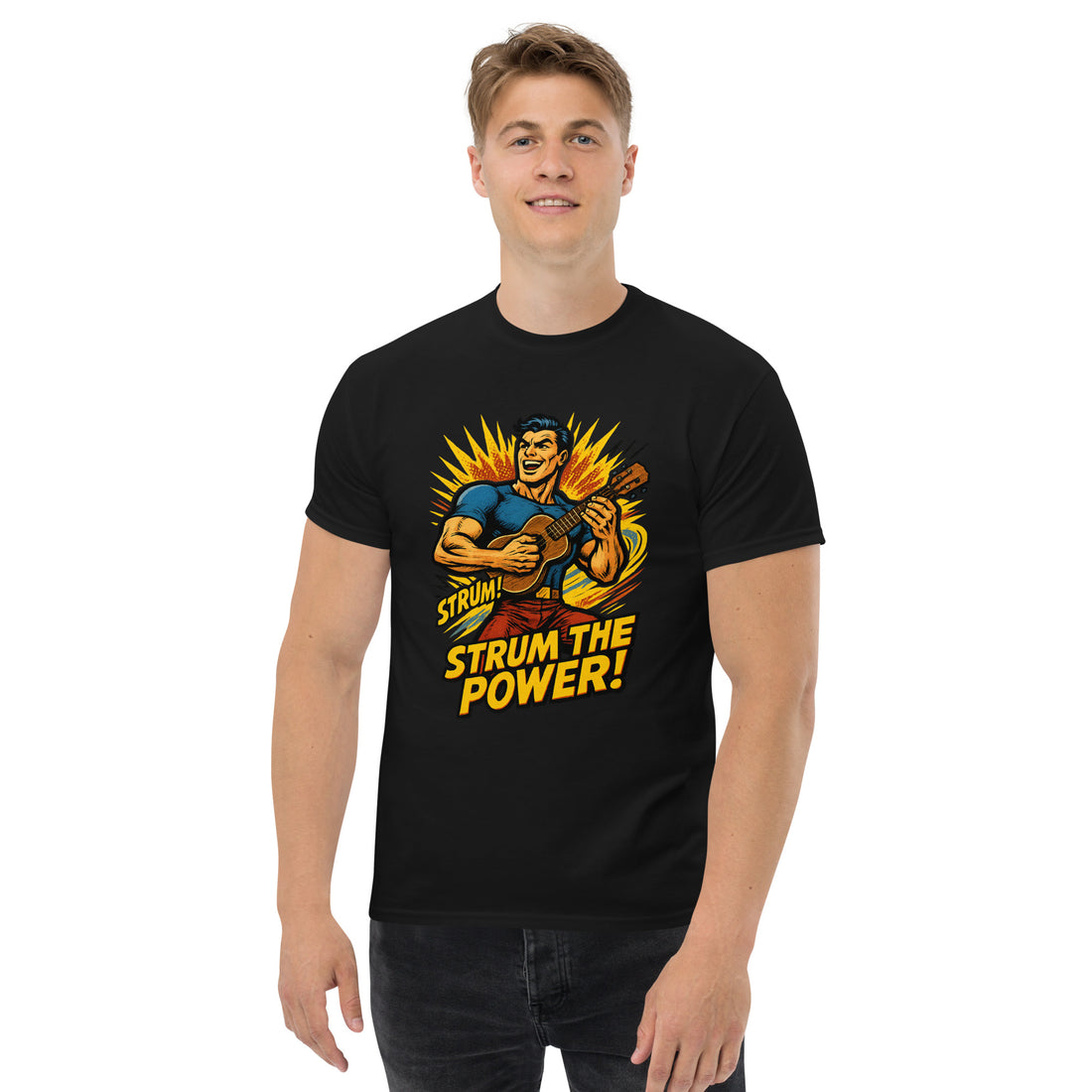 Ukulele T-shirt with bold Strum the Power design