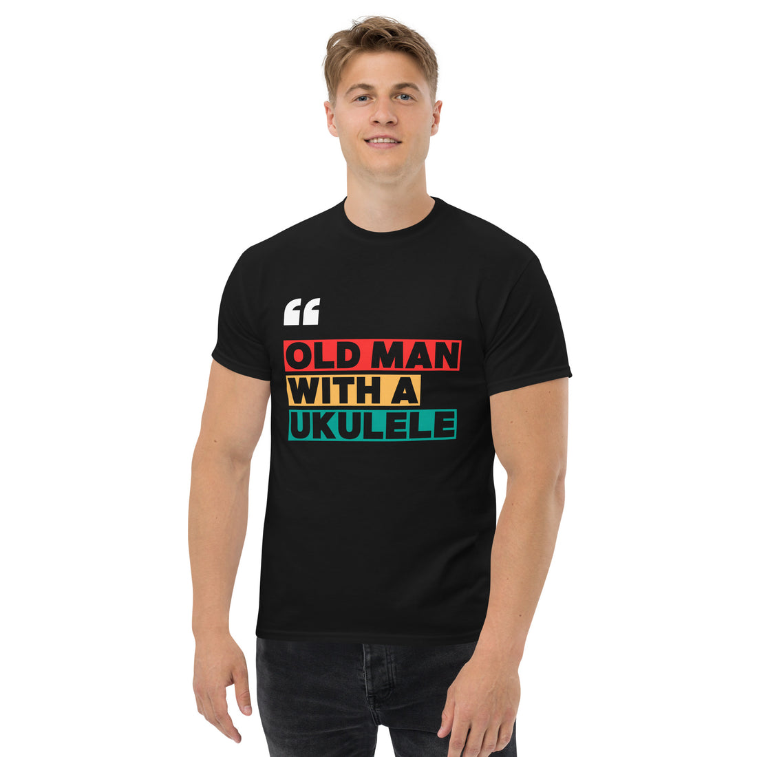 Funny “Old Man with a Ukulele” T-Shirt for music lovers, perfect gift for dad, grandpa, or retired musician.