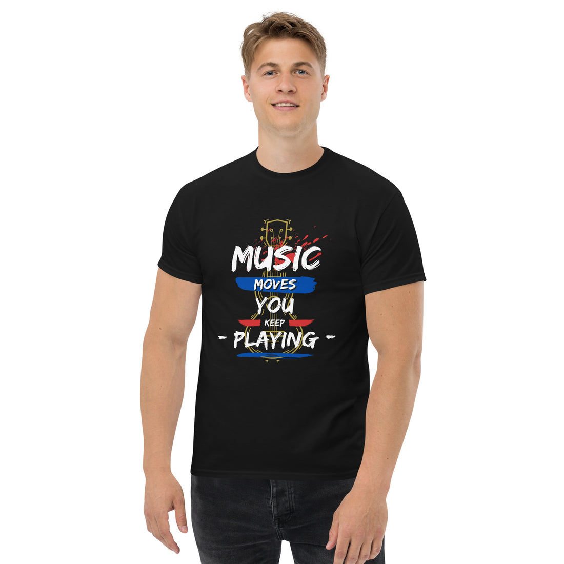 Unisex “Music Moves You, Keep Playing” T-shirt for musicians and music lovers.