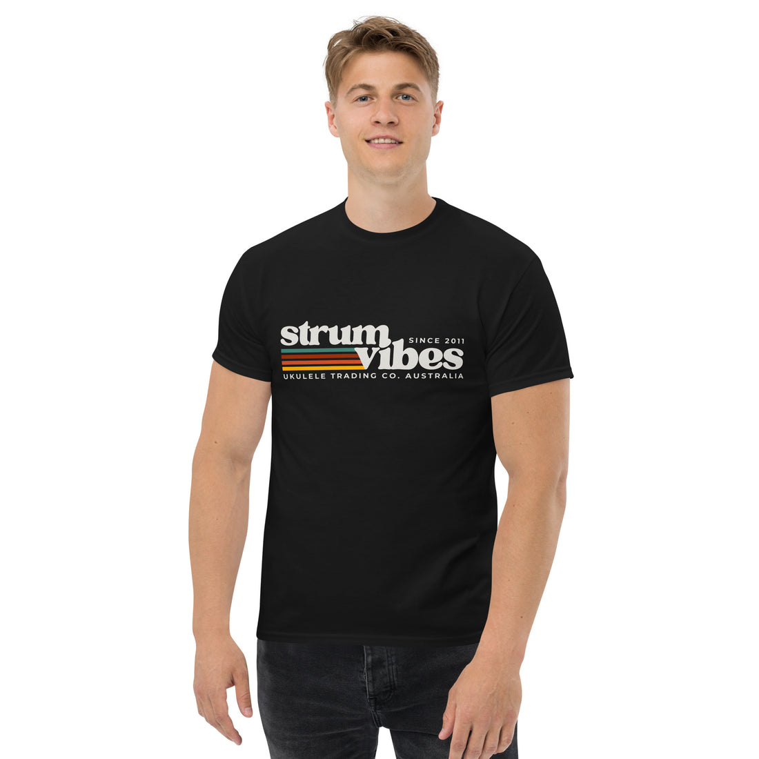 Unisex “Strum Vibes” T-shirt by Ukulele Trading Co. Australia for ukulele lovers and musicians.
