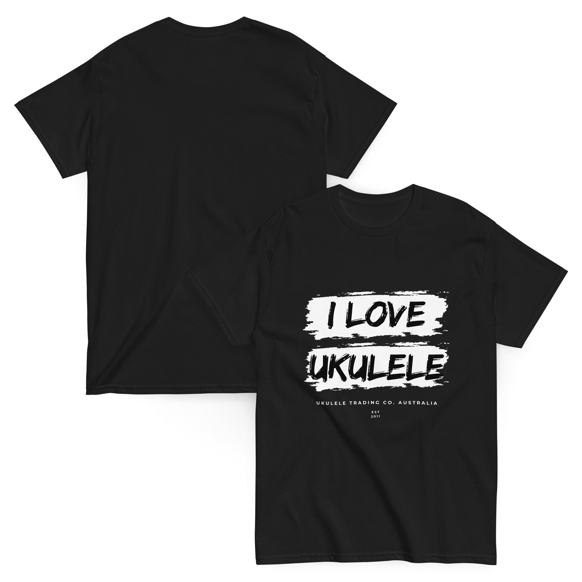 “I Love Ukulele” unisex t-shirt for music lovers, teachers, and festival fans.