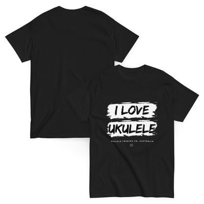 “I Love Ukulele” unisex t-shirt for music lovers, teachers, and festival fans.