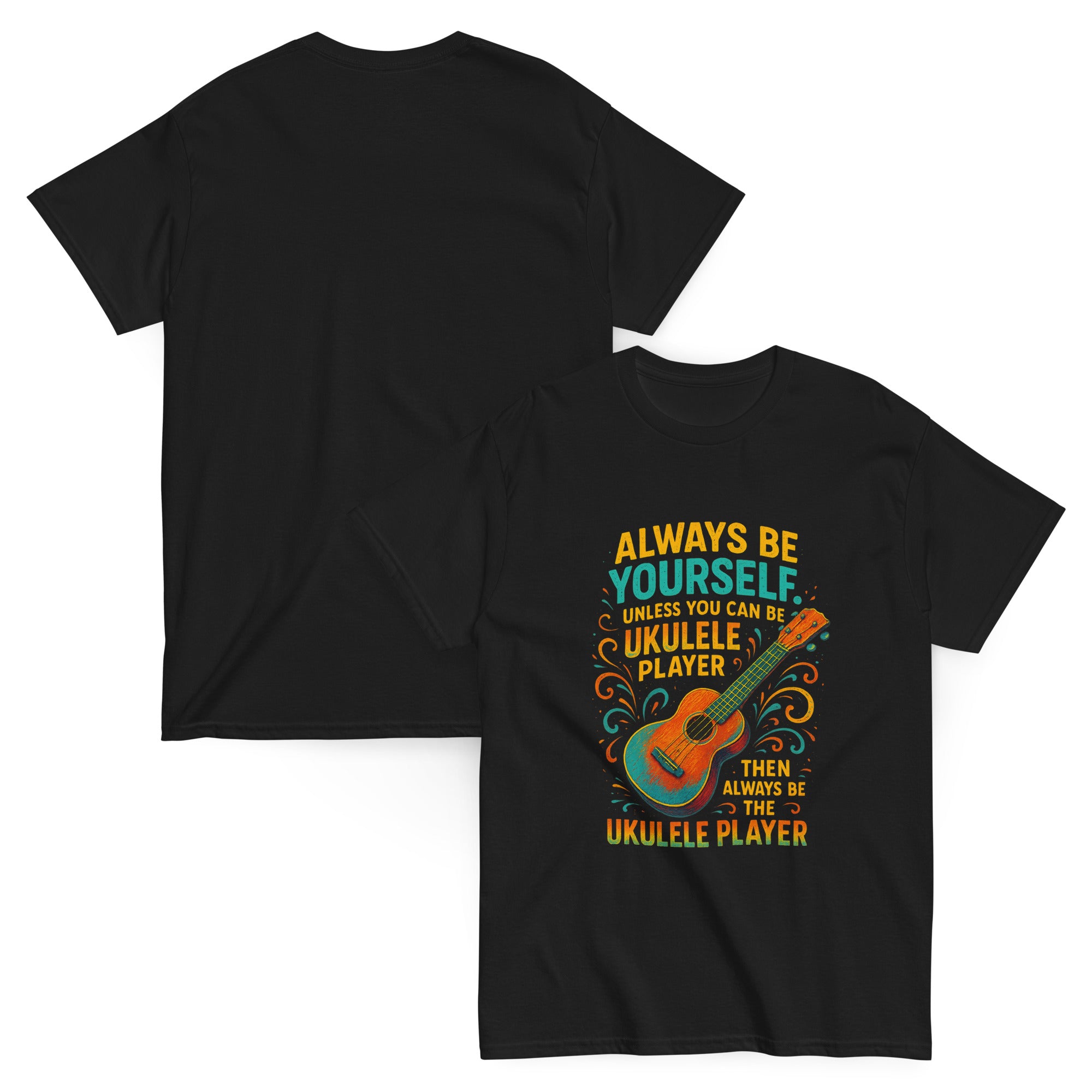 Funny ukulele T-shirt with vibrant beach design and playful quote, perfect gift for uke players and musicians.