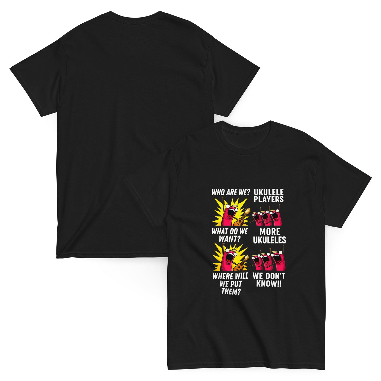 Funny “More Ukuleles” meme t-shirt for uke lovers! Soft, durable cotton with vibrant print—perfect for jam sessions and open mics.