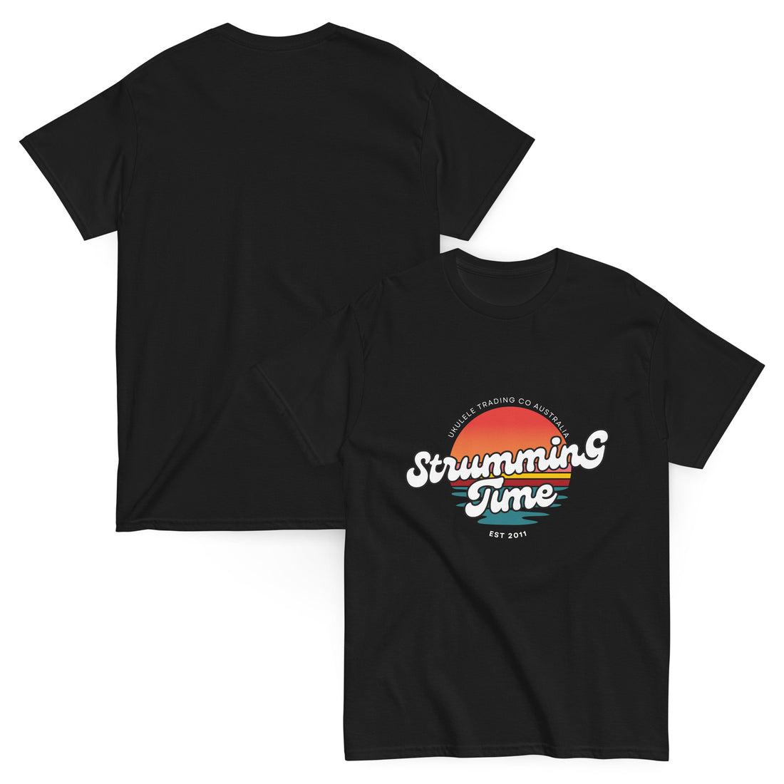 “Strumming Time” unisex T-shirt for ukulele players and music lovers.