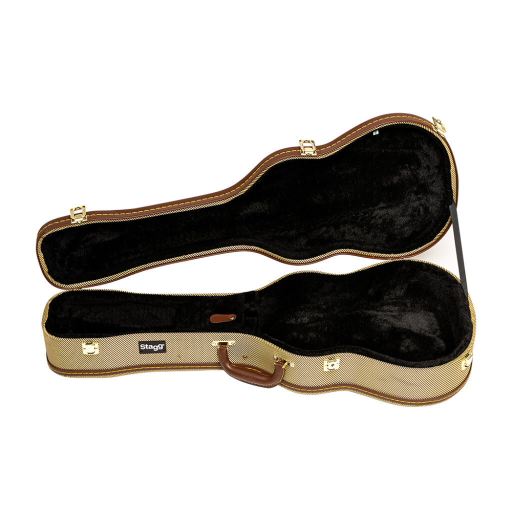 GCX-UKB GD Stagg Baritone Hardcase Ukulele case Uke case Baritone uke case Material: Tweed (covering), wood (shape), and black plush (interior) Grip: 1 padded handle Fastener: Anodized steel latches with gold finish Special feature: 1 internal case for small items Colour: Gold Internal dimensions: 80 x 28 x 12 cm (31.5 x 11 x 4.7&quot;) Ukulele Trading Co Australia