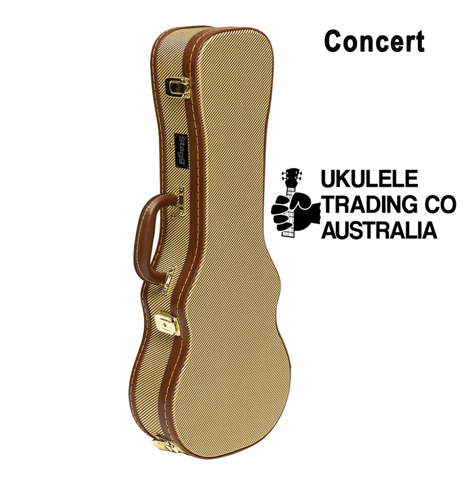 Stagg GCX UKC GD deluxe tweed Hardcase Concert ukulele neck restraint to hold your Concert Uke securely in place Accessory compartment to store your spare strings, tuner, capo,  Anodized steel latches and hinges with a gold finish sturdy carrying handle GCX-UKC GD Tweed and black plush interior  Anodized steel latches with gold finish Internal dimensions  61.5 x 20.5 x 10 cm Ukulele Trading Co Australia