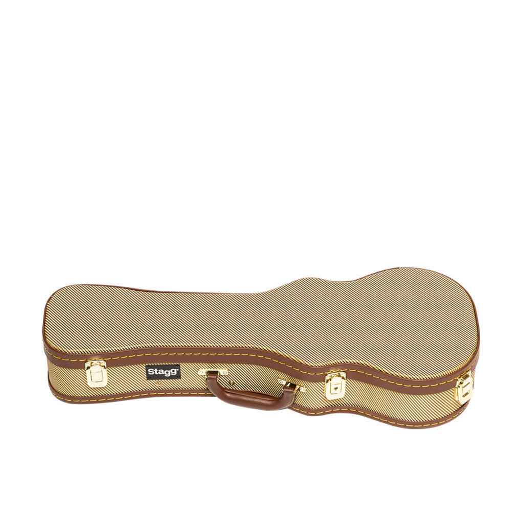 Stagg GCX UKC GD deluxe tweed Hardcase Concert ukulele neck restraint to hold your Concert Uke securely in place Accessory compartment to store your spare strings, tuner, capo,  Anodized steel latches and hinges with a gold finish sturdy carrying handle GCX-UKC GD Tweed and black plush interior  Anodized steel latches with gold finish Internal dimensions  61.5 x 20.5 x 10 cm Ukulele Trading Co Australia