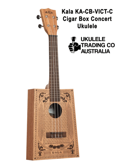 Kala Concert Cigar Box Ukulele Kala KA-CB-VICT-C Concert Ukulele SIZE: Concert TOP: Meranti BACK &amp; SIDES: Meranti NECK: Meranti FINISH: Satin FINGERBOARD: Indonesian Nandu HEADSTOCK: Standard BRIDGE: Indonesian Nandu TUNERS: Open Gear, Chrome, Black Button STRINGS: Aquila Super Nylgut® NUT &amp; SADDLE: Graph Tech TUSQ® STRAP BUTTON: Black 1x Ukulele Trading Co Australia