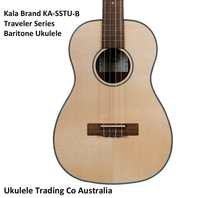 Kala KA-SSTU-B baritone ukulele the side view of the solid spruce top and mahogany back and sides the ukulele trading Co Australia