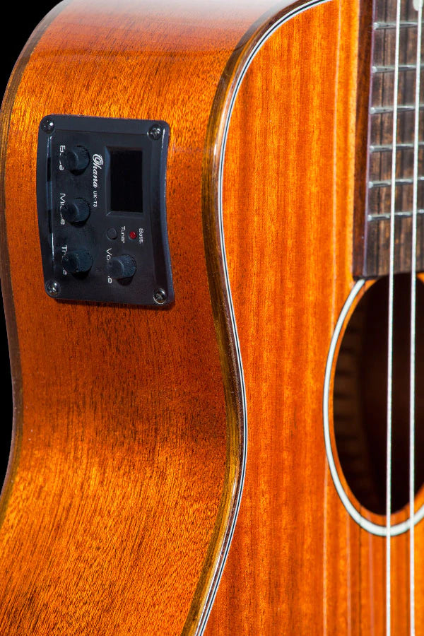 TK-35GCE Tenor Ukulele. Ohana Solid Mahogany Tonewood. Cutaway, Pickup/EQ/Tuner, Ohana Logo Gigbag The tone of mahogany is warm, rich, and mellow. Ohana creates a mahogany Tenor Ukulele with excellent projection and resonance. Truly nice instrument to listen to. Has everything, a mahogany uke of this calibre should have.  Ohana constructs their Ukuleles of a light, resonant material. Ukulele Trading Co Australia