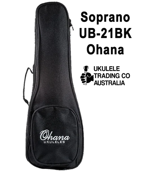UB-21BK Ohana Soprano Gigbag 10mm Dense Foam Interior Padding for Added Protection. Black Nylon Exterior with Ohana Embroidered Logo. Large Front Pocket for Accessories Quality Construction with Durable Zippers, Handle, and Seam Reinforcement Double Pack-pack Style Adjustable Shoulder Straps Fits: Tenor ukuleles Ukulele Trading Co Australia