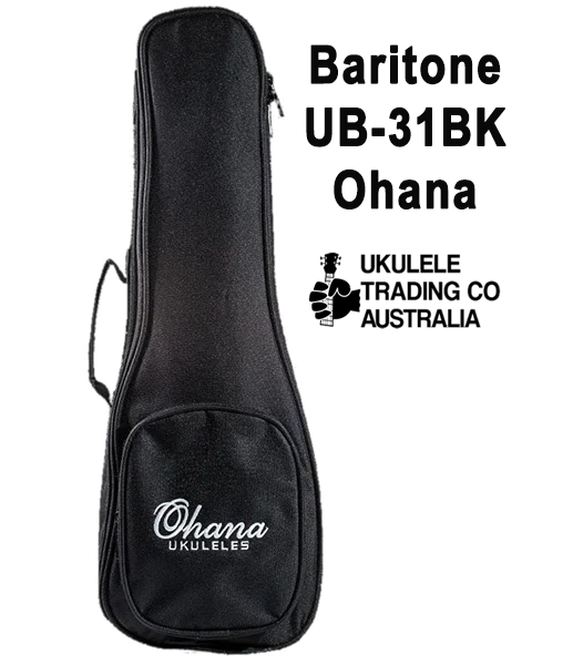 baritone Gigbag Ohana UB-31BK 10mm Dense Foam Interior Padding for Added Protection. Black Nylon Exterior with Ohana Embroidered Logo. Large Front Pocket for Accessories Quality Construction with Durable Zippers, Handle, and Seam Reinforcement Double Pack-pack Style Adjustable Shoulder Straps Ukulele Trading Co Australia