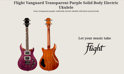 VANGTTP Flight Vanguard Tenor Transparent Purple Steel String Solid Body Electric Ukulele with Deluxe 20mm padded gig bag. Ukulele Trading Co Adelaide Australia