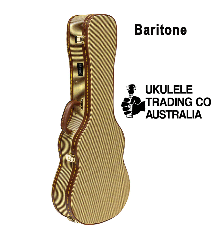 GCX-UKB GD Stagg Baritone Hardcase Ukulele case Uke case Baritone uke case Material:  Tweed (covering), wood (shape), and black plush (interior) Grip:  1 padded handle Fastener:  Anodized steel latches with gold finish Special feature:  1 internal case for small items Colour:  Gold Internal dimensions:  80 x 28 x 12 cm (31.5 x 11 x 4.7&quot;) Ukulele Trading Co Australia